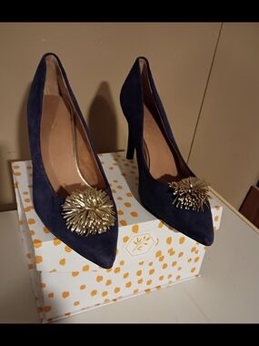 SZ10 Navy Suede Pointed-Toe Heels with Gold Floral Ornament